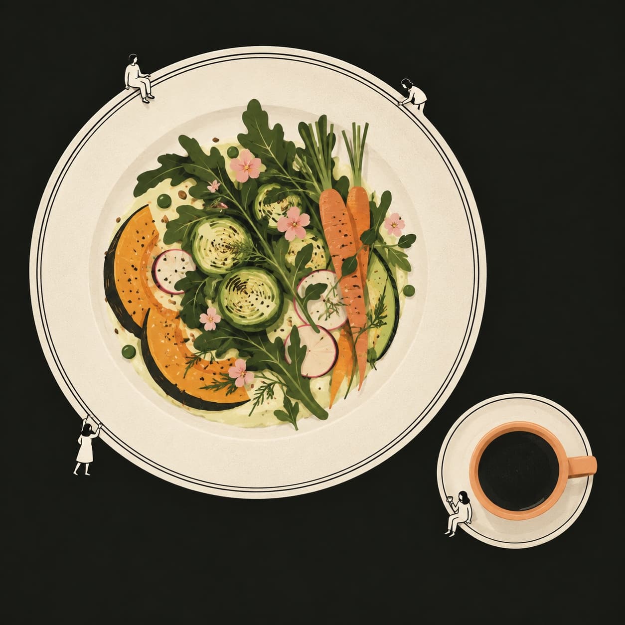 An illustrated seasonal bowl and coffee, with tiny people around a dinner plate.